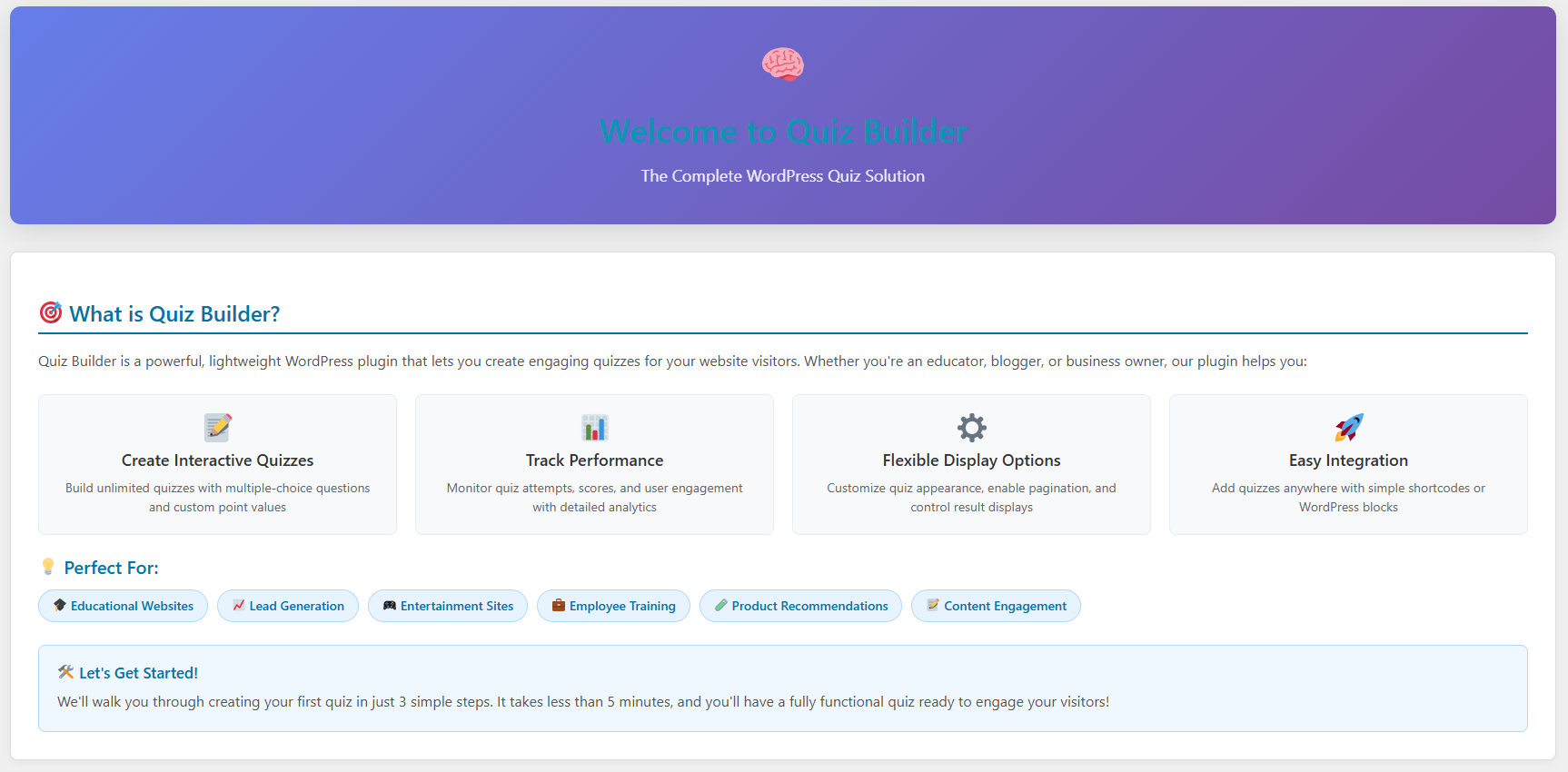Zrzut ekranu: Quiz Builder Plugin